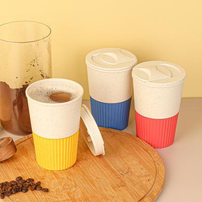 China 350ml Sustainable Reusable Wheat Straw Coffee Cup Household Car Sealed Leak-proof Water Bottle Cup Creative Practical Coffee Cup With Lid for sale