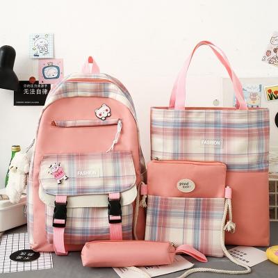 China New Waterproof Plaid 4 PCS Set Colorful Sweet Girls Backpack Shoulders Bag School Backpack Set For Teenager for sale