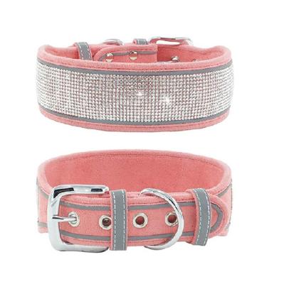 China Wholesale High Quality Pink PU Collar Diamond Custom Bling Reflectable Pet Collars Padded Soft Glitter for sale