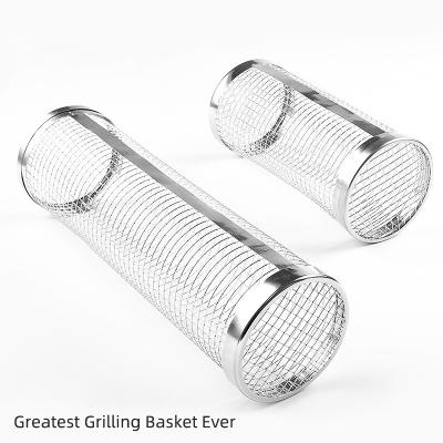 China Portable Outdoor Camping Stainless Steel BBQ Rack Easily Cleaned Vegetable Rolling Grill Cooking Grill Mesh Cylinder Grill Grate Basket for sale