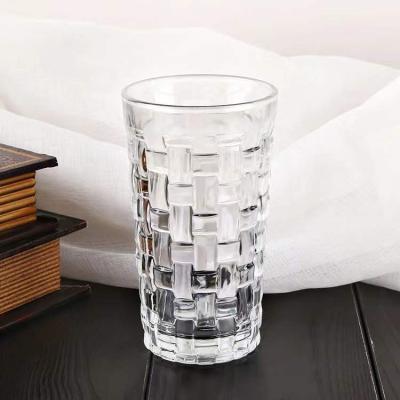 China Juice Drinking Glass Cup 350ml Borosilicate Whiskey CLASSIC Embossed Bamboo Weaving Glass Mug For Home Hotel Restaurant for sale