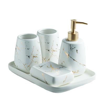 China Sustainable Hot Selling High Quality Ceramic Bathroom Accessories Set Best Price Black And White Marble Design Ceramic Bathroom Set for sale