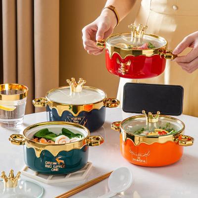 China Crown Design Sustainable Ceramic Bowl Household Binaural Soup Bowl With Lid Handle Bowl for sale