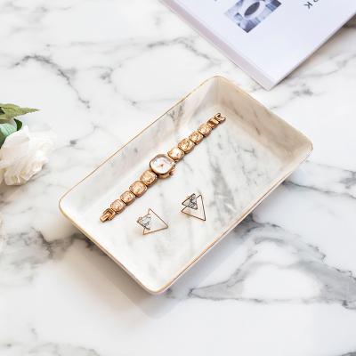 China Wholesale Nordic Marble Ceramic Tray Jewelry Tray Gold Pattern Kitchen Factory Style Storage Desktop Cosmetic Tray for sale