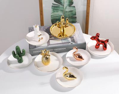 China Ceramic White Unicorn Jewelry Box Tray Display Ring Holder Dish Plates Jewelry Flamingo Gold Cactus Kitchen Rabbit Jewelry for sale