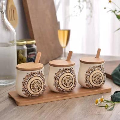 China Good Price 3 Divisions Seasoning Spice Storage Jar Microwavable Bamboo Ceramic Kitchenware Jar With Wooden Lid for sale