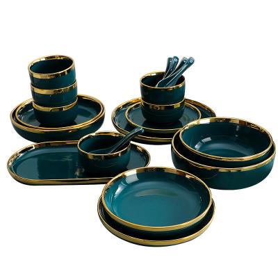 China Sustainable Wholesale Nordic Dark Green Black Ceramic Tableware Porcelain Ceramic Plates Dinnerware Dinner Set for sale