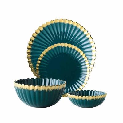 China Gold Rim Matte Green Porcelain Tableware Ceramic Western Modern Dinnerware Sets for sale