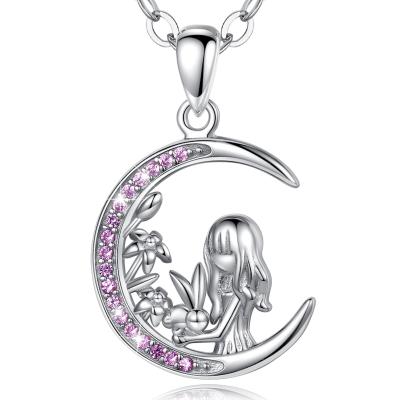 China Cute Animal Women 925 Sterling Silver Trendy Trendy Girl and Rabbit Pendant Necklace for sale