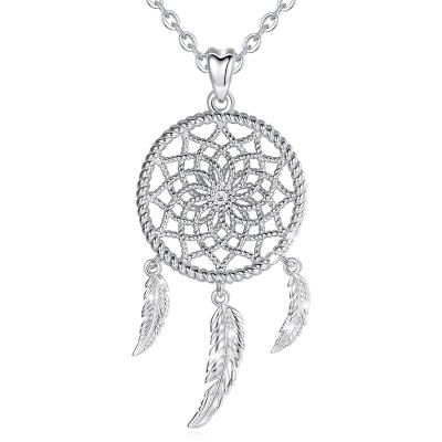 China TRENDY 925 Sterling Silver Lucky Feather Catcher Dreamcatcher Necklace Women's Dream Pendant for sale