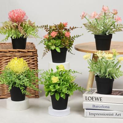 China Small Plastic Potted Artificial Flowers Mini Fake Flowers in Pot Artificial Flower Arrangement for Office Wedding Kitchen Home Decor for sale