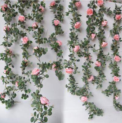 China Beautiful 1.8M Colorful Artificial Eucalyptus With Rose Garland Home Table Party Wedding Backdrop Wall Decor Vine Hanging Rattan Vertical Garden for sale