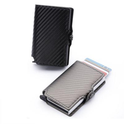 China Fashion Slim Compact Minimalist Wallet Card Holder RFID Automatic Unit-Leather Blocking Vintage Aluminum Business Wallet Carbon Fiber Style for sale