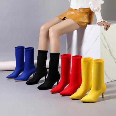 China Height Increasing New Arrivals Pointed Suede Botas Candy Solid Color Mid Boots Women's High Heels Stiletto Boots for sale