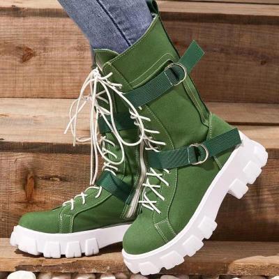 China Color Durable Platform Boots Women Gothic Canvas Lace Up Large Size Belt Buckle High Top Boots for sale