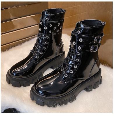 China Durable Fashion Lace Up Ladies Strap Platform Patent Leather Ankle Boots Rippled Boots for sale