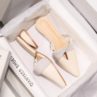 China Fashion Trend New Summer Style Pointed Toe Women Shoes Solid Color Chunky Low Heel Luxury Slide Sandal for sale