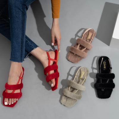 China Fashion Trend Pinch Toe Fur Ladies Shoes Solid Color Party Women Flats Summer Comfortable Sandals for sale