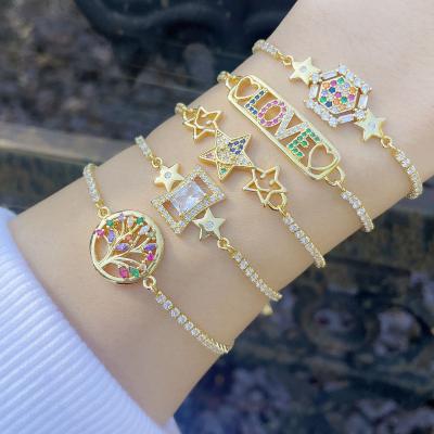 China European Trendy Adjustable Cubic Zircon Women Colorful Rainbow Chain Bohemia CZ Star Tree of Life Tree of Life Bracelet for sale