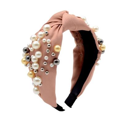 China Pink Sweet Handmade Rhinestone Pearls Heart Girls Heart Girls Knot Turban Hair Accessories Medium Headband for sale