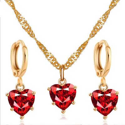 China Ladies Women's Red Color Gold Plated Neckalce / Rhinestone Earrings Jewelry Crystal Gift Set Waterdrop Heart Necklace for sale