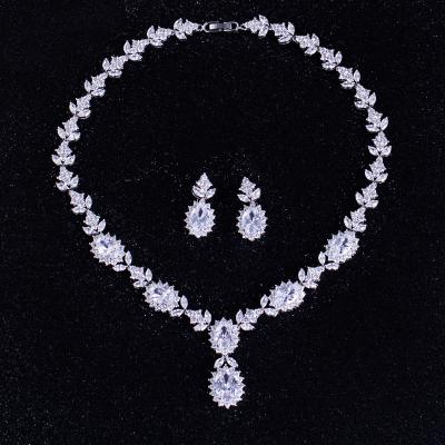 China Marquise Cut Floral Cubic Zirconia Luxury High Quality CLASSIC CZ Crystal Necklace and Earring Bridal Wedding Jewelry Sets for sale