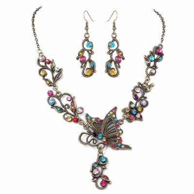 China Retro Vintage Jewelry Set Butterfly Crystal Rhinestone Bridal Necklace Earrings Set For Women for sale