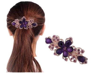 China Popular wholesale horizontal flower barrette clip accessories, crystal diamond spring ponytail set hair clip for sale