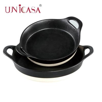 China Fashion High Quality Viable Bakeware Pan Set Round Nordic Plate Black Baker Porcelain Tray Creative Ceramic Baking Dish With Two Ears for sale