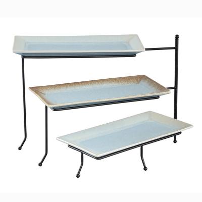 China Unicasa Sustainable Ceramic Serving Ware Restaurant Buffet Used Ceramic 3 Tier Serving Tray Sushi Dish With Metal Rack for sale