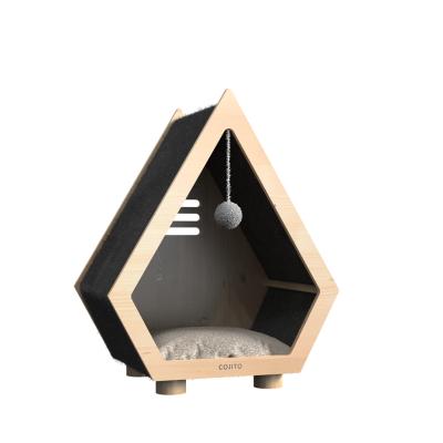 China Viable Wood Cat House Cat Bed with Play Balls and Scratch Board Ramps Light Cat House Color for sale