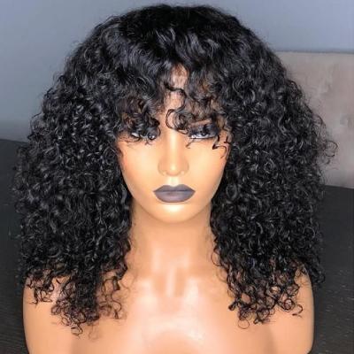 China Cheap 150% Density Curly Short Jerry Curly Lead Lace Frontal Wig With Bang Bangs Baby Hair For Black Women for sale