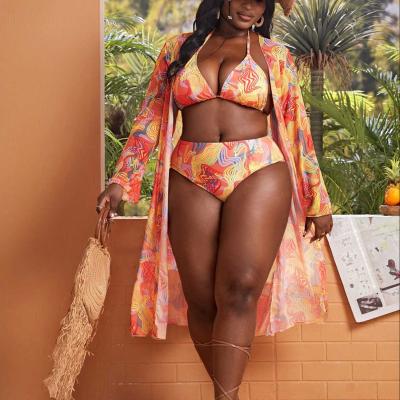 China Plus Size GANA OEM Factory Supplying plus size swimwear 2023 micro bikini plus size Striped Halter Triangle Bikini Swimsuit With Kimono for sale