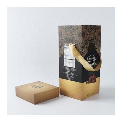 China Brown Recyclable Luxury Chocolate Truffles Packaging Recyclable Gift Box Rectangle Box With Ribbon Handle for sale