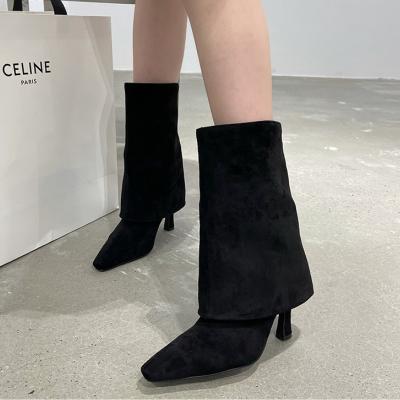 China Fashion Trend Faux Suede Sculpted Heel Fold Over Women Medium Boots Pointed Toe Slip On Elegant And Simple Lady Pumps For Fall Winter for sale