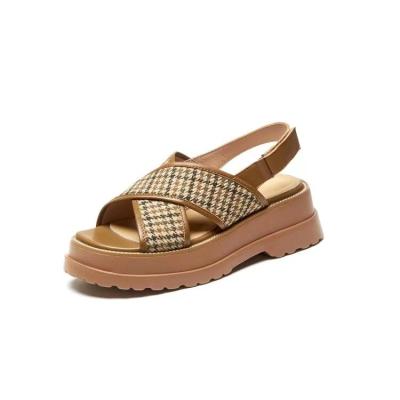 China Fashion Unique Genuine Leather Thick Upper Cross Strap Outdoor Walking Women Wedge Sandal Shoes for sale