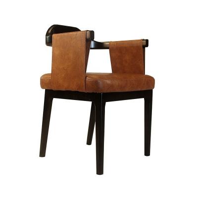 China Brown Modern Unique Design Shape Leather Chair Solidwood Legs Used In Restaurant Dining Room for sale