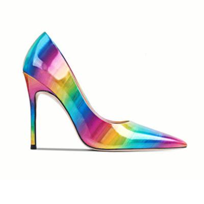 China C206 New Product Anti-Smell New Product High Heel Rubber Sole Stiletto Heels Party Rainbow Shiny Leather Heels Sexy Bride Wedding Shoes for sale