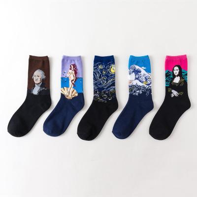 China Cotton Spring and summer Western abstract oil painting retro literary couple socks cotton socks mid-tube sports Socks Christmas for sale