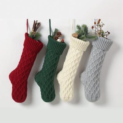 China Acrylic Wholesale Red Green Cable Knit rhombus Stocking Knitted Christmas Socks Gift Decoration for sale