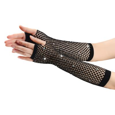 China Dobby Christmas Xmas Party nylon spandex gloves sexy woman lady fishnet long fingerless gloves mesh rhinestone gloves for sale