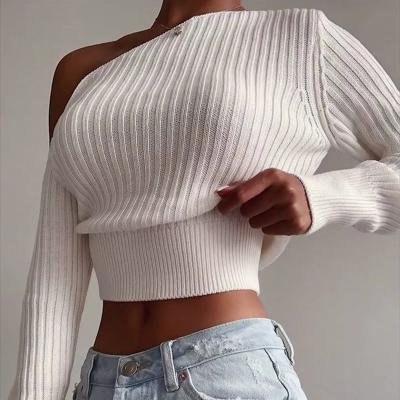 China Newer Design LH0483 Solid Color Casual Crop Top Long Sleeve Anti-pilling Sweater Top Loose Knitted Top Autumn Sweater For Women for sale