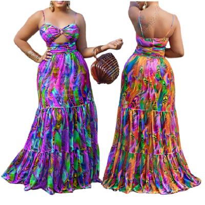 China C8465 2022 new Anti-wrinkle style fashion halter print bohemian long dresses summer big swing beach sexy dress for sale