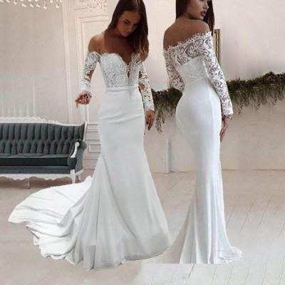 China 2022 New Arrival Ladies Anti-wrinkle RM1169 Off The Shoulder Lace Up White Wedding Dresses Long Sleeve Sweep Train Wedding Dress Floor Length for sale