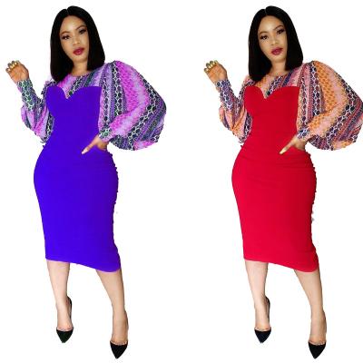 China 2021 New Arrival African Women's Anti-wrinkle Bat Sleeve Patchwork Temperament OL Digital Printing High Waist O-Neck Elastic Dress D3036M for sale