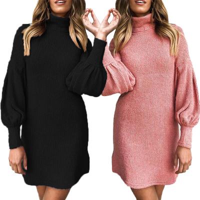 China Anti-wrinkle AL9105 Autumn Women Casual Dresses Lantern Sleeve Dresses Fashion Ladies Knitted Sweater Dress for sale