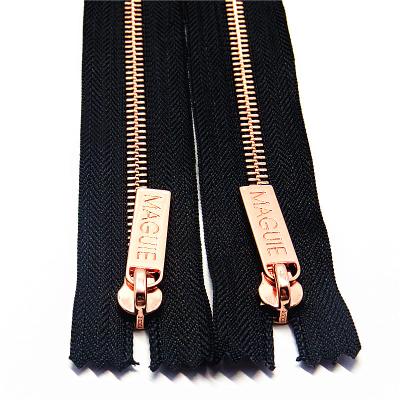 China Viable Popular Clothing Accessories Customized Designer Rectangle Rose Gold Brass Zipper For Garment Production for sale