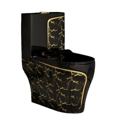 China Double-flow Sanitarios Ceramic Inodoro De Color Marble Design Bathroom Gold Plated Black One Piece Toilet Bowl for sale