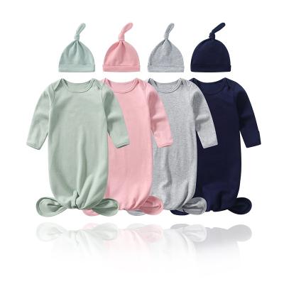 China Knotted Breathable Baby Dress Long Sleeve With Super Soft Matching Hat Solid Color Newborn Infant Sleeper For Baby And Boy Sleepwear for sale