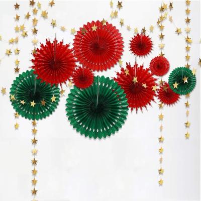 China Paper Red Green Christmas Party Decoration Kit Hanging Decor Tissue Paper Fan Pompom Gold Star Garland Streamer Backdrop Background for sale